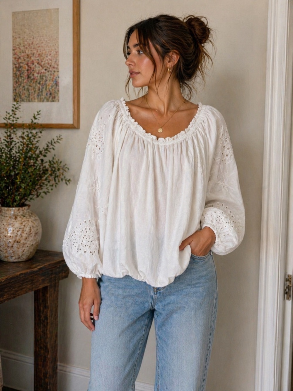 Cynthia Rowley White Linen Blend Peasant Blouse Large Cottagecore Boho Eyelet